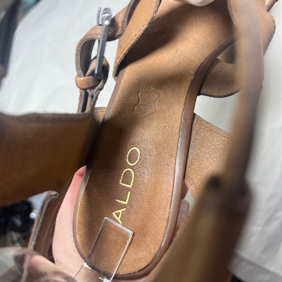 Aldo Strappy Gladiator Stacked Block Heel Leather Sandals Cognac Sz 9 - Picture 6 of 13